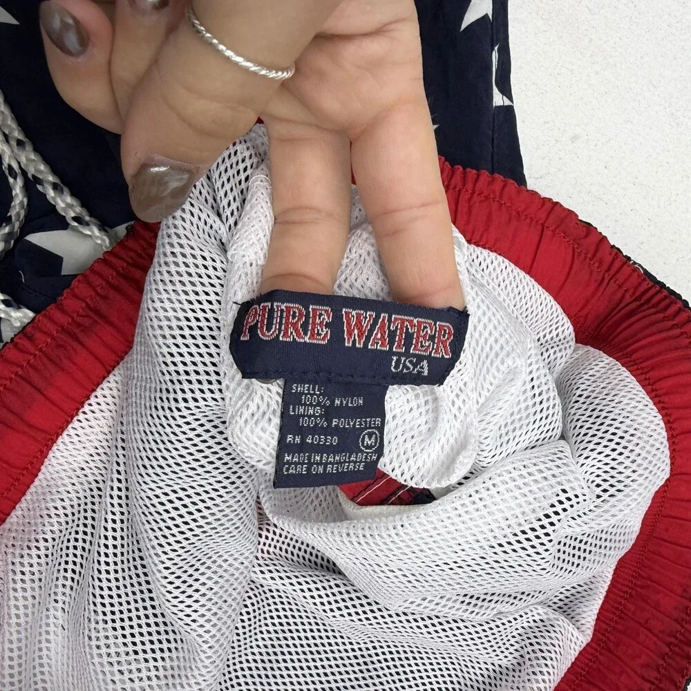 Vintage Pure Water USA Swim Shorts Mens M Blue Stars Flag Lined Trunks Patriotic